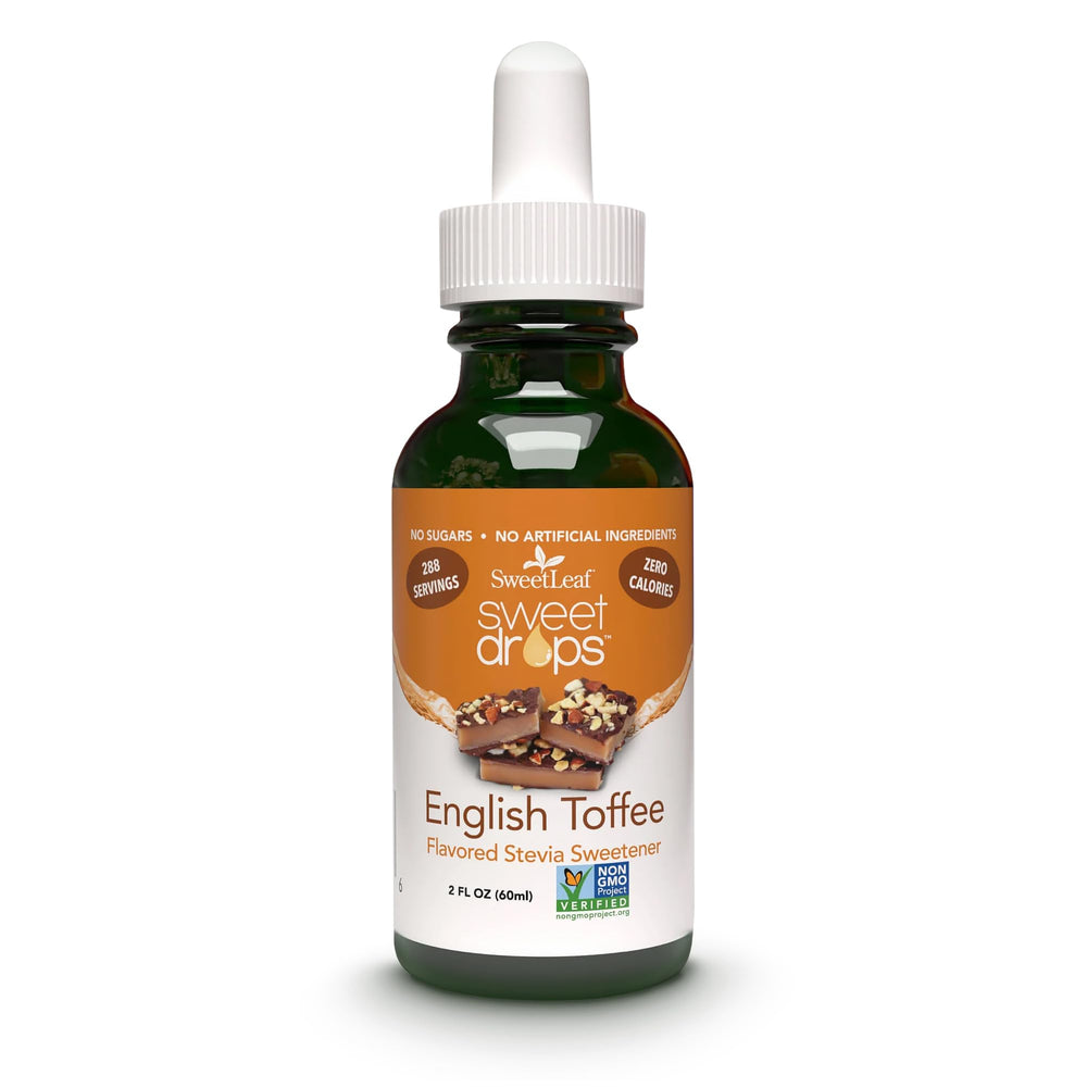 SweetLeaf English Toffee Sweet Drops bottle showing zero-calorie sweetness for everyday drinks