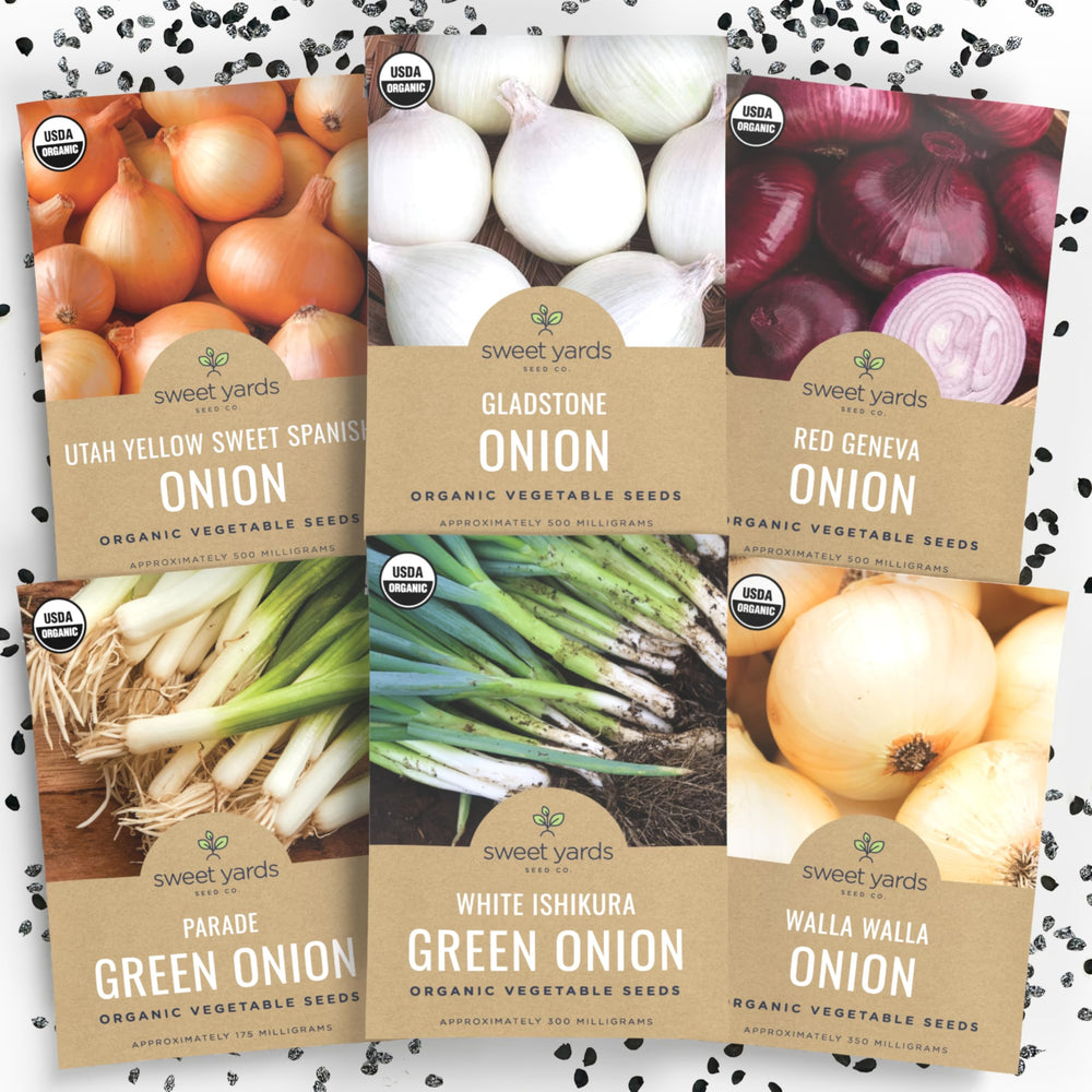 Sweet Yards organic onion seeds variety pack image showing six seed packets for home gardens
