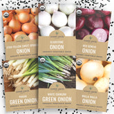 Sweet Yards organic onion seeds variety pack image showing six seed packets for home gardens