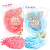 Sweetzo edible Easter grass in pink and blue arranged in a basket for colorful gifting.