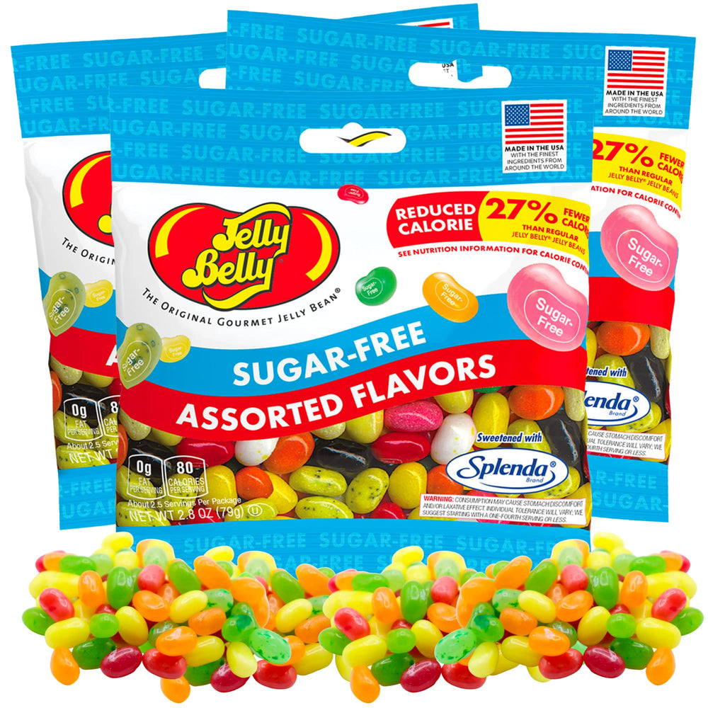 Sweetzo sugar-free jelly beans package showing a three-pack for low-calorie snacking.