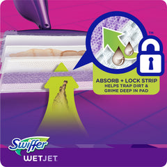 Swiffer WetJet finished-wood-safe indicator on pad for hardwood use.
