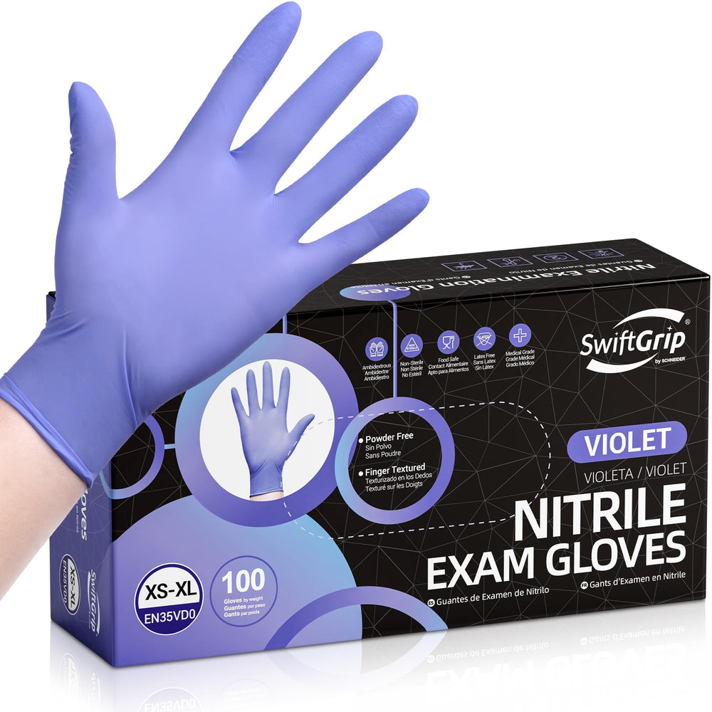 SwiftGrip box-100 violet nitrile gloves, latex-free and powder-free for everyday protection.