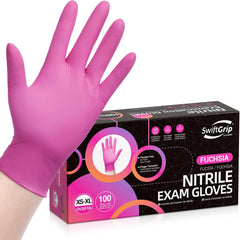 SwiftGrip pink nitrile gloves in a box, ideal for everyday non-medical tasks.