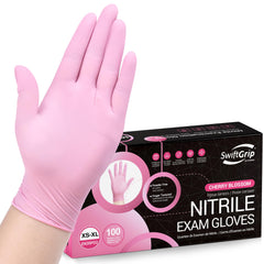 SwiftGrip pink nitrile gloves 3mil box front for lightweight protection during tasks.
