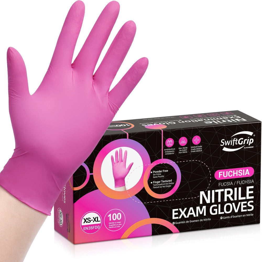 SwiftGrip pink nitrile gloves close-up showing 3-mil thickness for durability