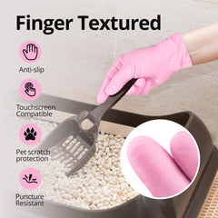 SwiftGrip latex-free symbol on pink nitrile gloves indicates allergy-safe material.