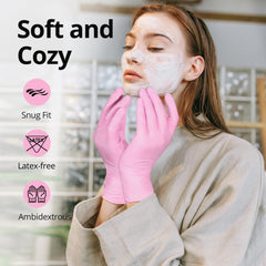 Closeup of SwiftGrip pink nitrile gloves showing smooth texture and snug fit.