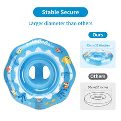Swimbobo baby pool float seat comforts upright position while baby acclimates to water.