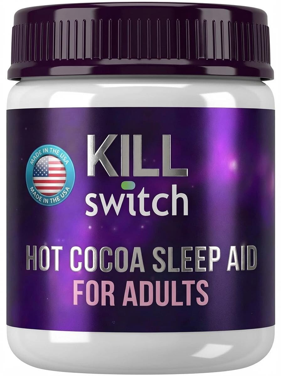 Switch Killswitch sleep aid powder in tub highlights calming cocoa for restful evenings.