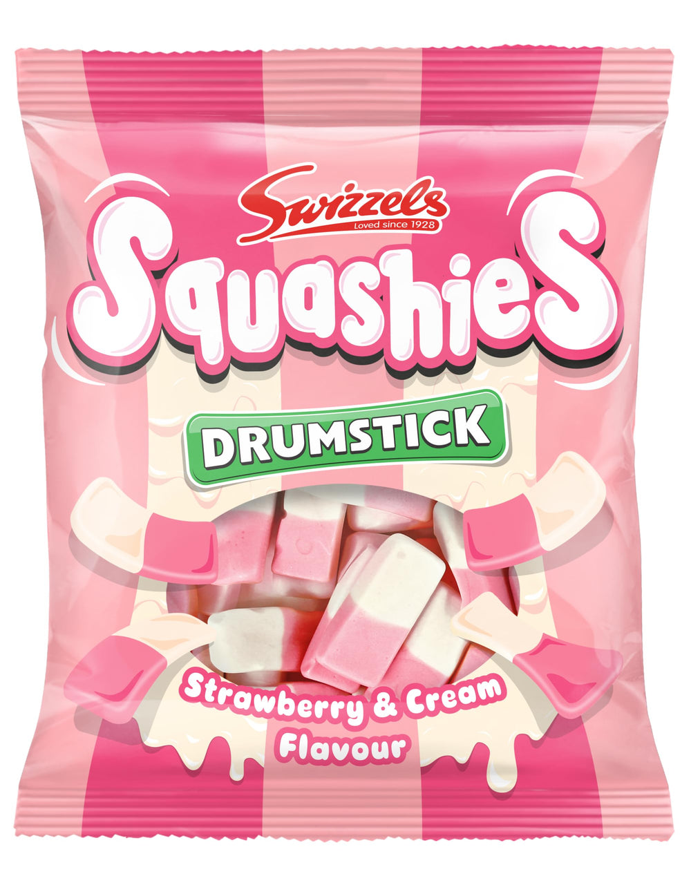 Swizzels Squashies Strawberry & Cream candies in pink and white, ideal for sharing at parties.