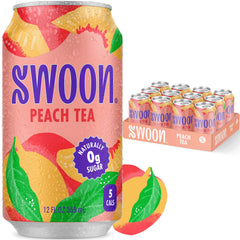 Swoon Peach Tea can close-up showing zero sugar refreshment