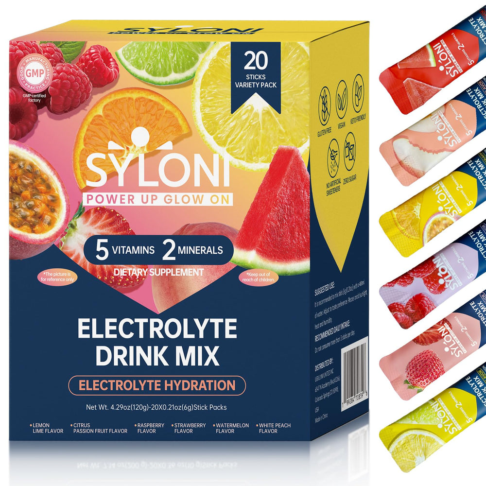 Syloni electrolytes powder packets packaging showing convenient single-serve sticks for on-the-go hydration