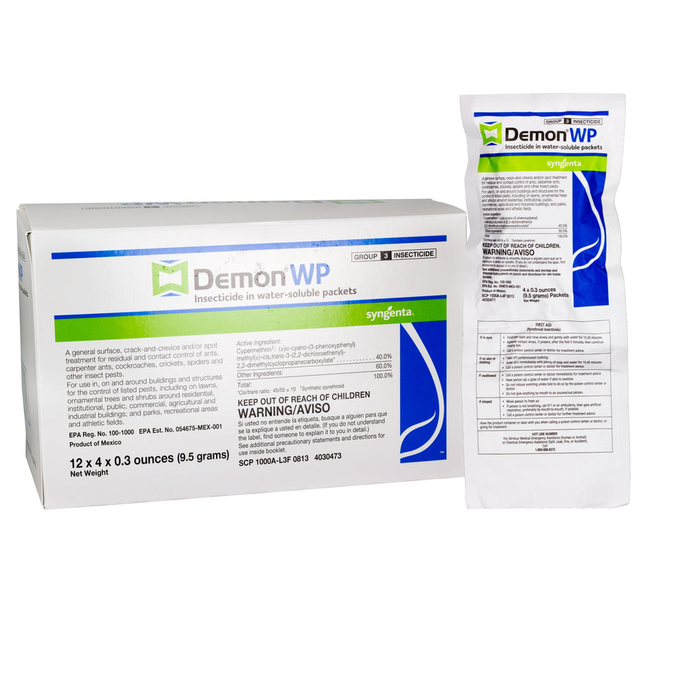 Syngenta Demon WP insecticide packets dissolve in water for easy, reliable application against common pests.