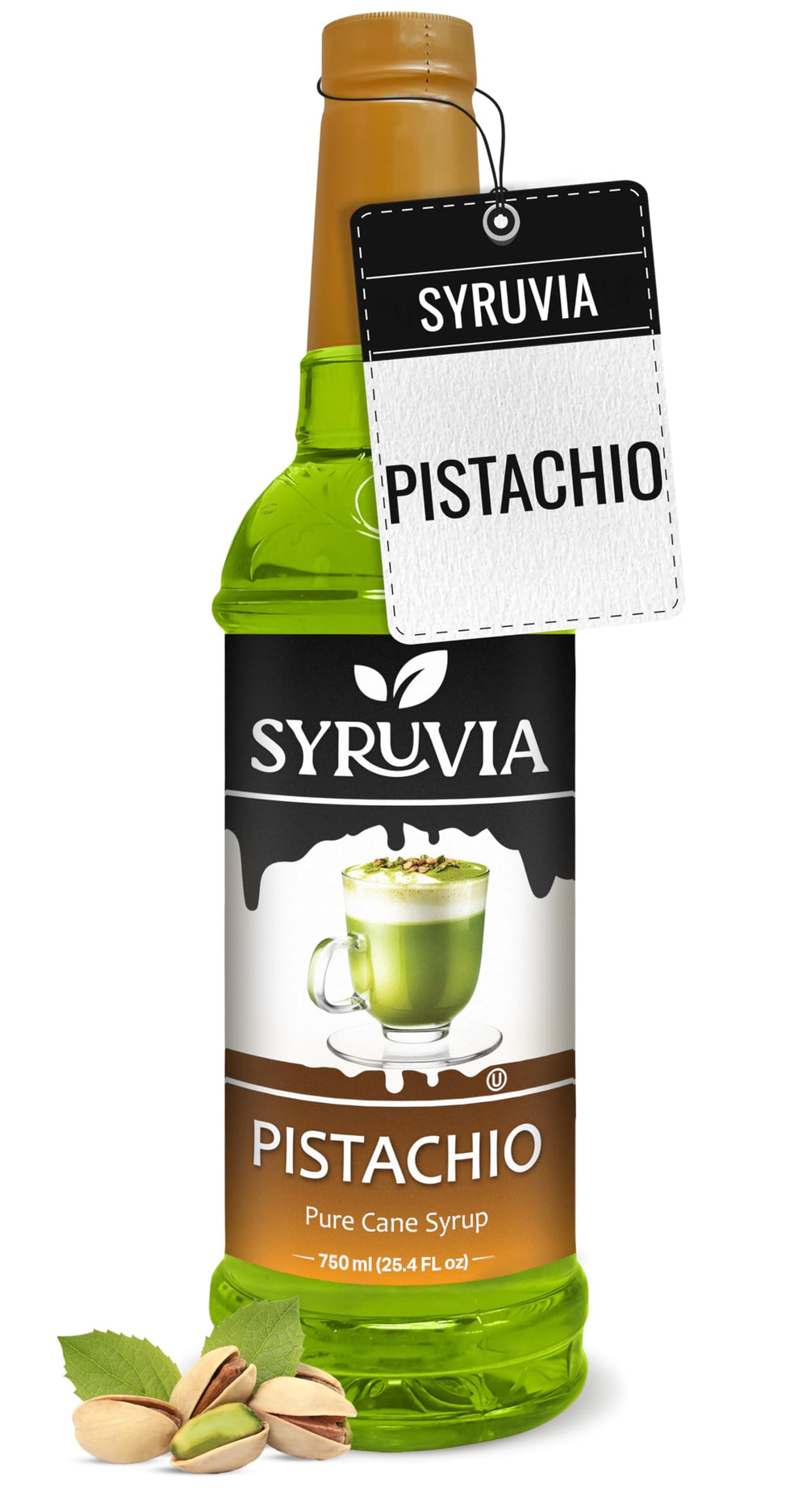 SYRUVIA Pistachio Syrup bottle on a counter for rich flavor