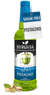 SYRUVIA Sugar Free Pistachio Syrup bottle showing a rich pistachio flavor with zero calories.