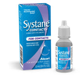 Systane Contacts Drops bottle close-up shows a lightweight solution for lens dryness.