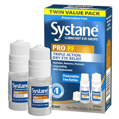 Systane PRO PF eye drops bottle being applied for comfort.