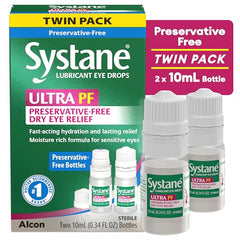 Systane Ultra twin-pack bottle close-up highlighting preservative-free formula.