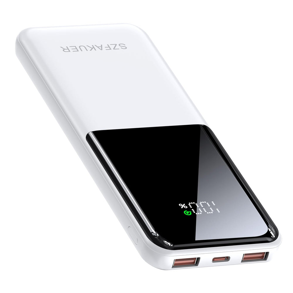 Szfakuer slim 10000mAh power bank front view for travel convenience.