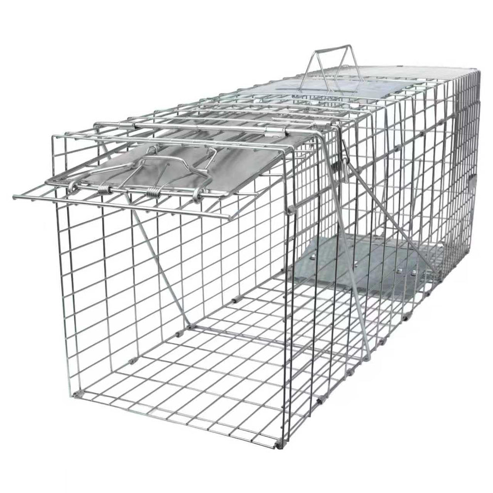 SZHLUX 32-inch cage trap front view shows sturdy rust-resistant build for humane capture.