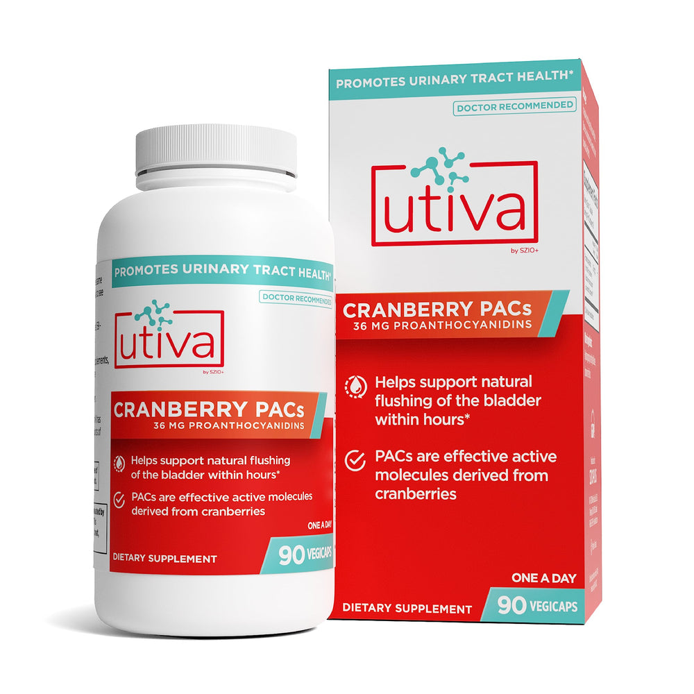 Szio+ Utiva Cranberry PACs bottle with capsules for daily urinary tract support