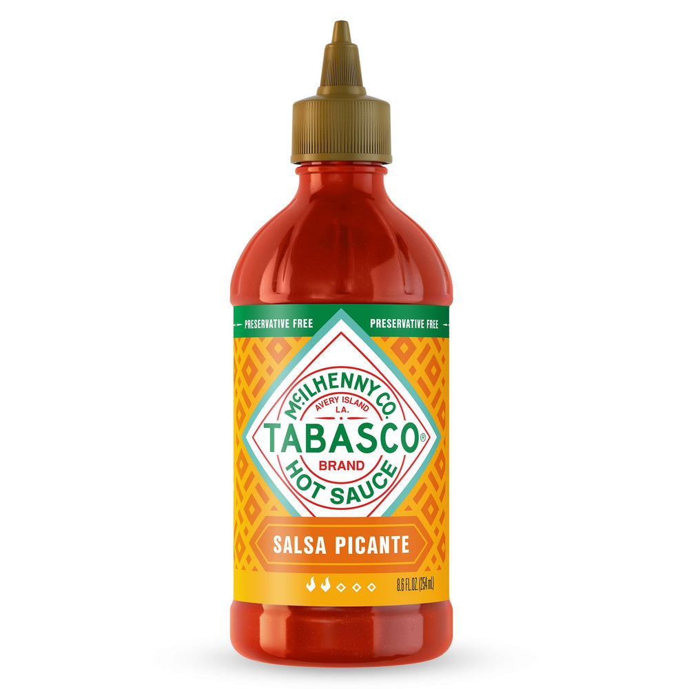 TABASCO Salsa Picante bottle close-up, thick texture for tacos