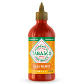 TABASCO Salsa Picante bottle close-up, thick texture for tacos