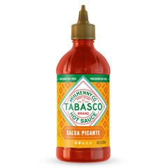 TABASCO Salsa Picante bottle close-up, thick texture for tacos