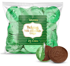 Taboom Belgian Green Chocolate Coins wrapped in festive foil for St Patrick's Day gifts.