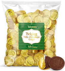 Taboom Belgian Milk Chocolate Gold Coin package in shiny gold foil for elegant party displays.