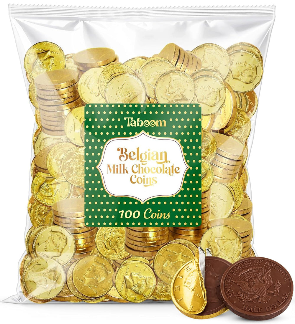 Taboom Belgian Milk Chocolate Gold Coins wrapped in shiny gold foil for elegant dessert displays.