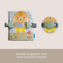 Taf Toys Busy Book peekaboo game boosts visual tracking and focus.
