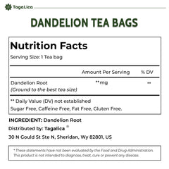 Tagalica dandelion root tea bags closeup highlights natural roots and clean, pesticide-free sourcing