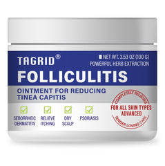 TAGRID Folliculitis Cream bottle shown, soothing skin relief for sensitive areas.