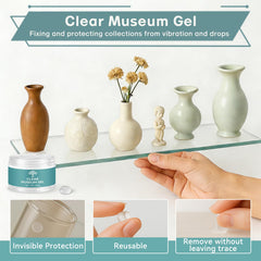 Tailgenci Clear Exhibit Gel on glass display case showing secure, residue-free protection.