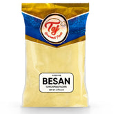 TAJ Gourmet Besan flour bag 2lb shows premium chickpea powder for versatile cooking.