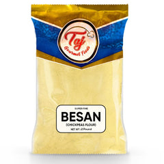 TAJ Gourmet Besan flour bag 2lb shows premium chickpea powder for versatile cooking.