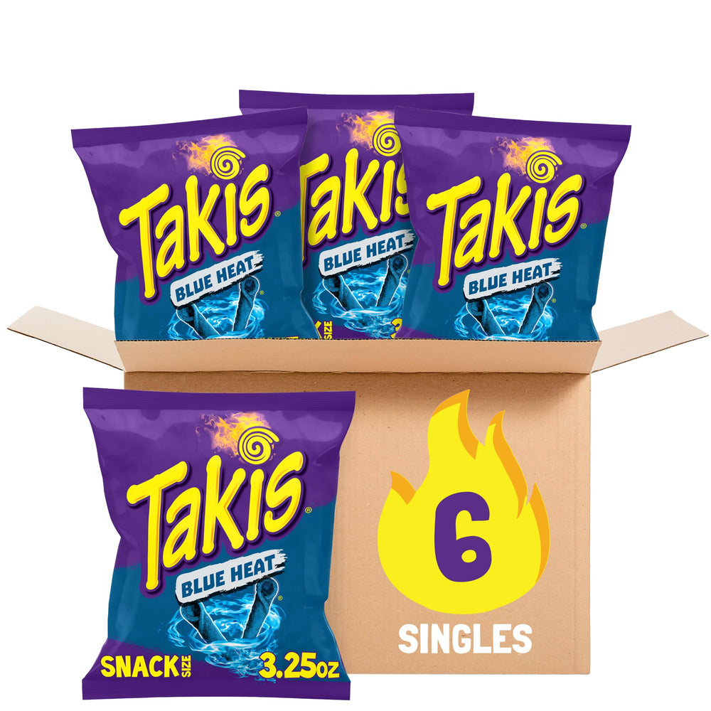 Takis Blue Heat rolled-chip closeup highlighting bold spice and crunchy texture.