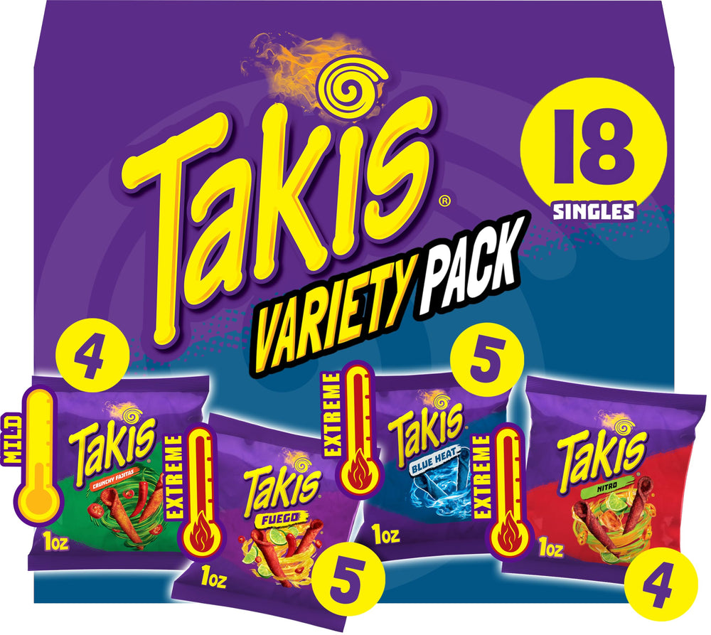 Takis variety pack box front shows assorted flavors for easy snacking