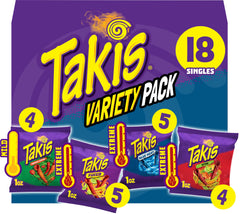 Takis variety pack box front shows assorted flavors for easy snacking