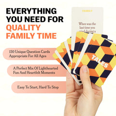 TALES prompt card in hand inviting stories and shared memories.