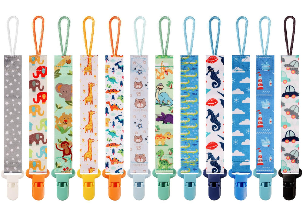 TAMHOO 12-pack pacifier clips with dinosaurs pattern keep pacifiers within reach