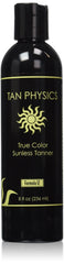Tan Physics True Color Sunless Tanner bottle, showing natural color guidance for smooth, streak-free, even application.