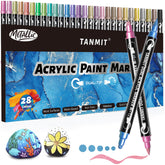 Tanmit 28 metallic acrylic markers on a rock surface for vibrant detail.