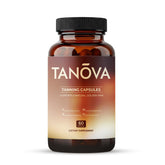 Tanova tanning pills glow bottle suggests a warm, sun-kissed complexion.