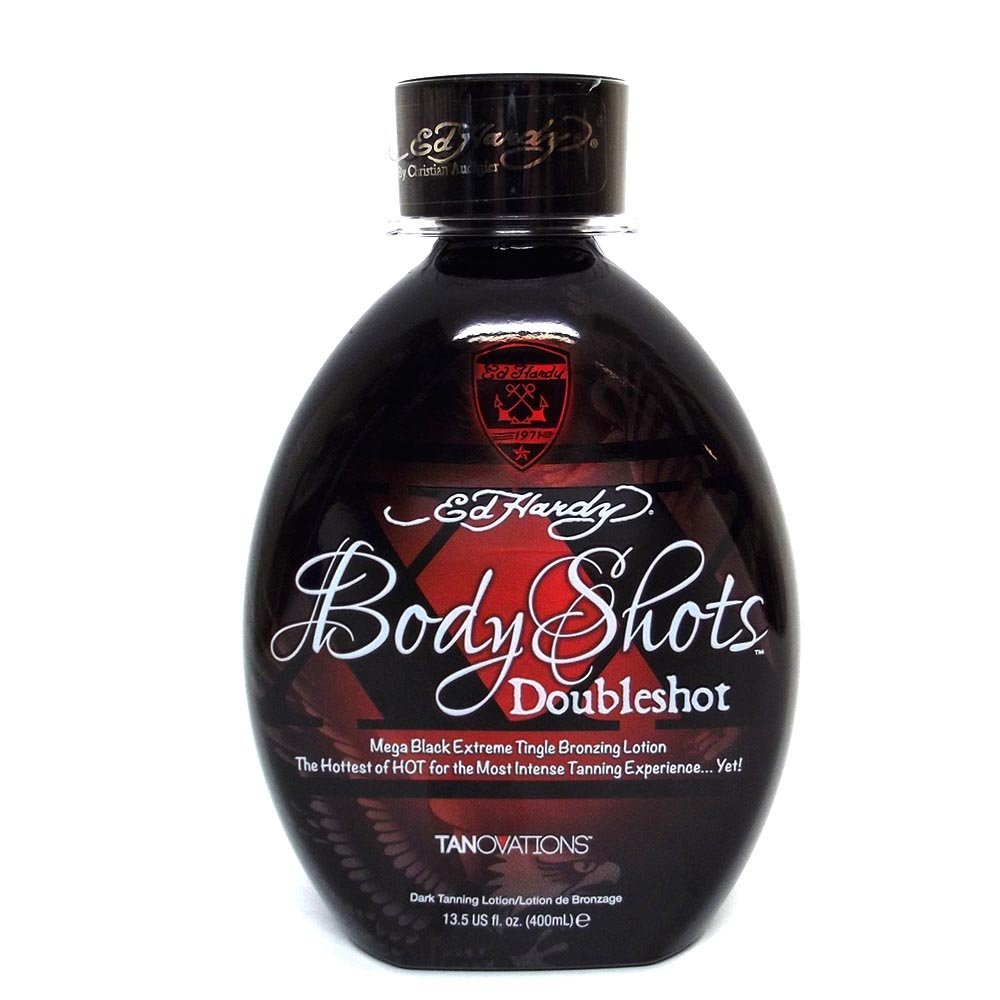 Tanovations Ed Hardy Body Shots Double Shot bottle pour for intense sunless tanning