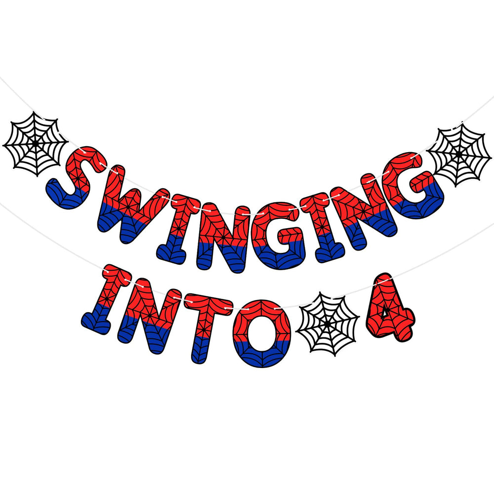 Taobary Spider Theme 4th Birthday Banner acts as a colorful backdrop for a kid's party