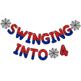 Taobary Spider Theme 4th Birthday Banner acts as a colorful backdrop for a kid's party