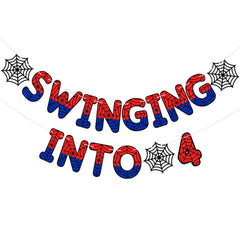 Taobary Spider Theme 4th Birthday Banner acts as a colorful backdrop for a kid's party